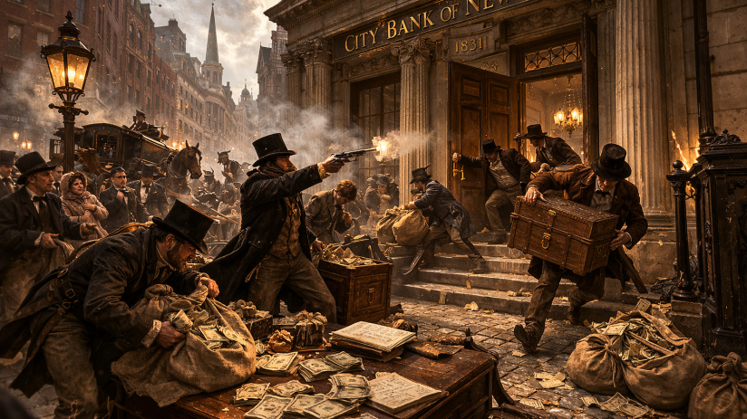Depiction of the 1831 city bank heist with masked robbers, period clothing, and vintage urban setting