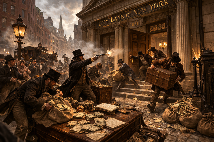 Depiction of the 1831 city bank heist with masked robbers, period clothing, and vintage urban setting