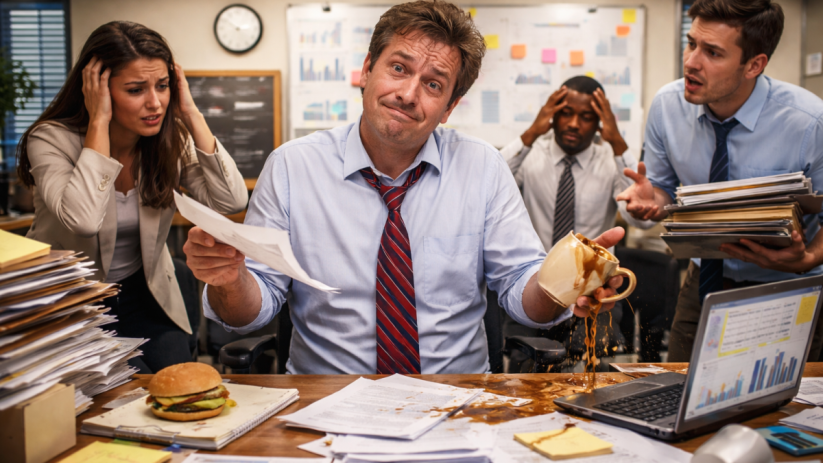 Frustrated employees in a meeting room with an incompetent manager, illustrating workplace leadership challenges.