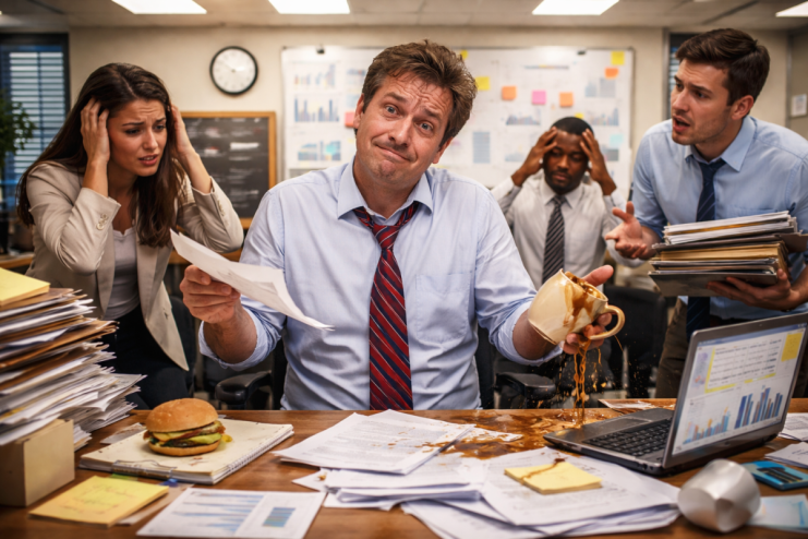 Frustrated employees in a meeting room with an incompetent manager, illustrating workplace leadership challenges.