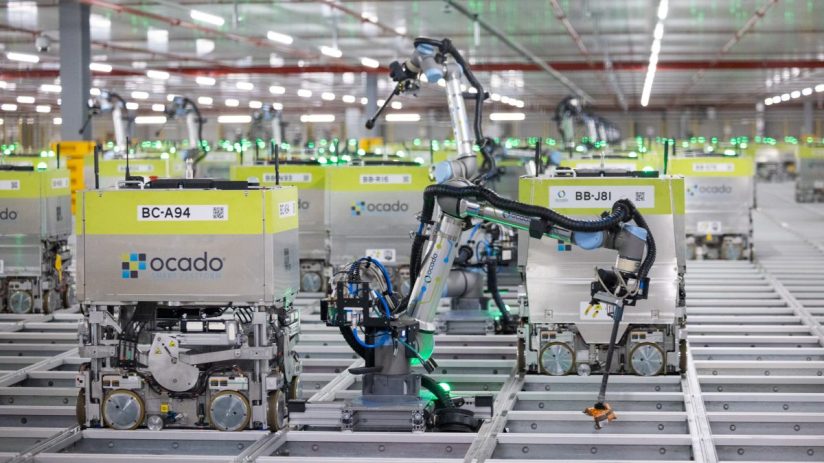 Ocado delivery van on a city street, showcasing grocery delivery service amid urban backdrop, highlighting convenience and...