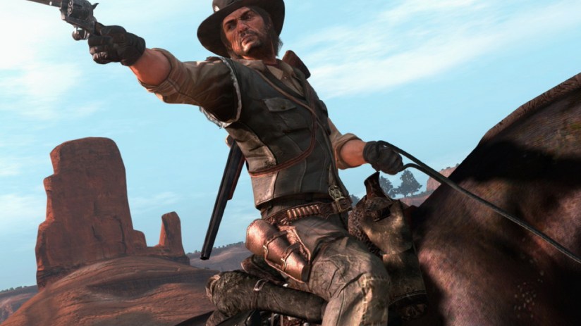 Red Dead Redemption gameplay showcasing a vibrant Wild West landscape with cowboys on horseback under a clear blue sky
