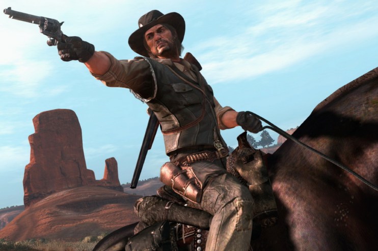 Red Dead Redemption gameplay showcasing a vibrant Wild West landscape with cowboys on horseback under a clear blue sky