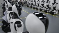 Advanced AI robots interacting in a tech environment, showcasing cutting-edge artificial intelligence technology