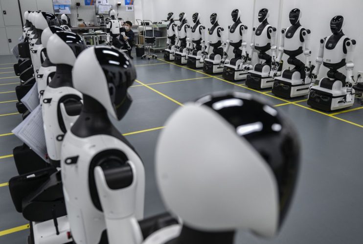 Advanced AI robots interacting in a tech environment, showcasing cutting-edge artificial intelligence technology