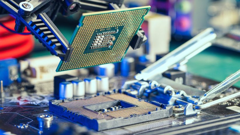 Advanced semiconductor chip with intricate circuit patterns and microcomponents, highlighting cutting-edge technology.