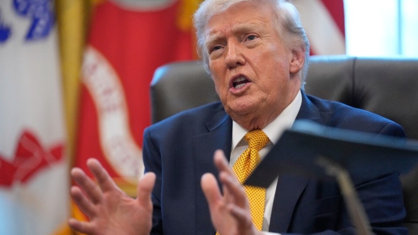 Donald Trump speaking at the PAAP office conference, addressing key political issues and strategies in a formal setting.