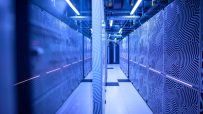 AI data center with rows of servers and cooling systems, showcasing advanced technology and infrastructure innovation