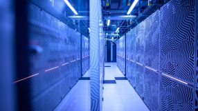AI data center with rows of servers and cooling systems, showcasing advanced technology and infrastructure innovation