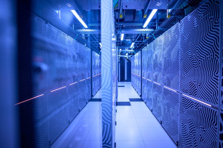 AI data center with rows of servers and cooling systems, showcasing advanced technology and infrastructure innovation