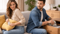 A couple discreetly tucking away cash, symbolizing secretive financial strategies and AIs role in personal finance managem...