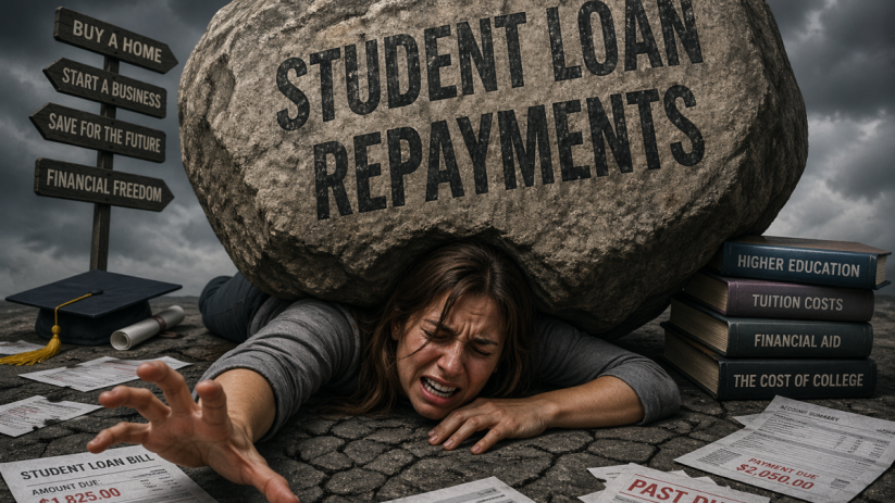 Woman using AI tools to manage student loan repayments on a laptop, highlighting financial technology and education financ...