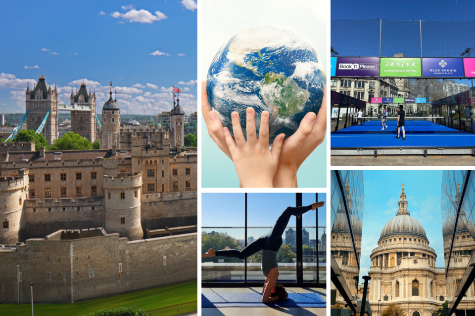 April cityscape banner displaying a bustling business district with modern skyscrapers under a clear blue sky.