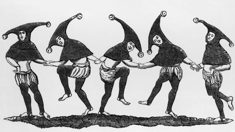 Playful April Fools Day prank with office workers wearing colorful costumes and surprised expressions in a corporate setting.