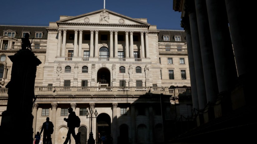 Bank of England building on Threadneedle Street, London, showcasing its historic architecture and financial significance