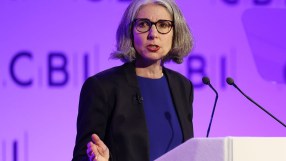 CBI Chief Rain Newton-Smith advocating for North Sea oil and gas licences at a press conference podium