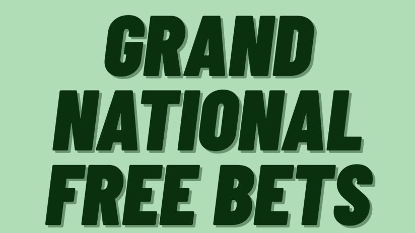 Exciting Grand National free bets promotion with colorful banners and enthusiastic bettors at a bustling racecourse
