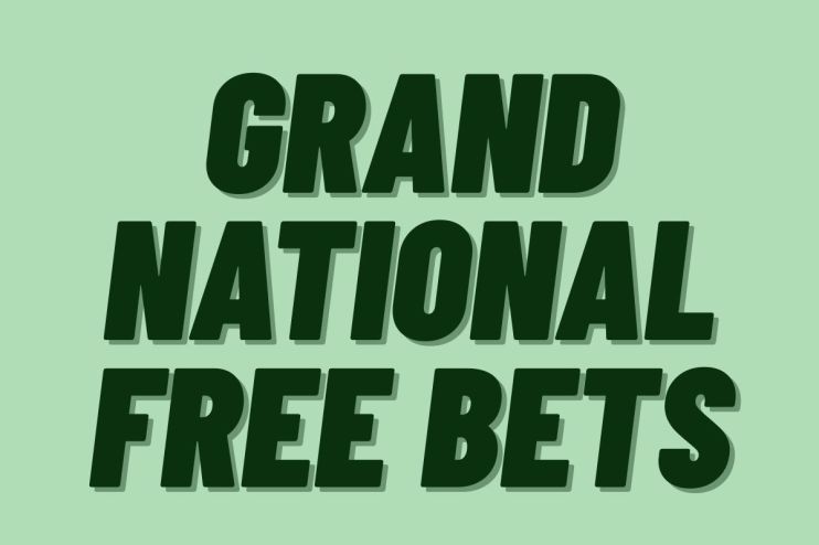 Exciting Grand National free bets promotion with colorful banners and enthusiastic bettors at a bustling racecourse