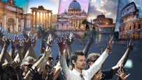 Harry Styles enjoying a sunny day in Rome, dressed stylishly, surrounded by historic architecture and vibrant city life