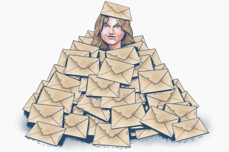 Anna overwhelmed by a flood of emails, striving for inbox zero amidst a chaotic digital workspace on a business platform