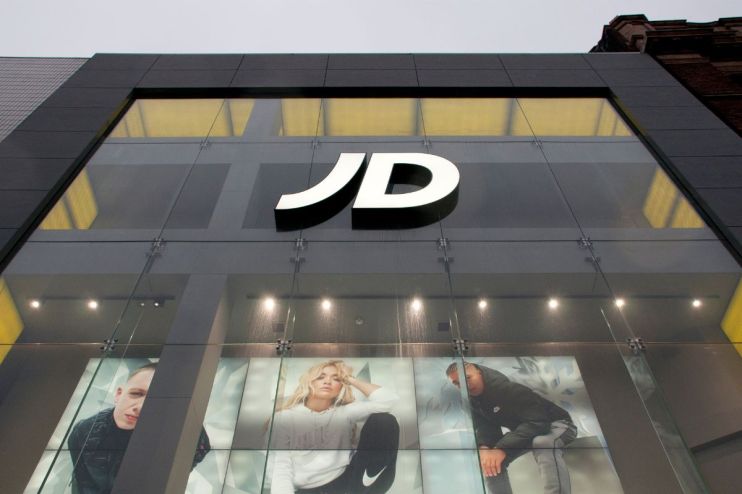 JD Sports storefront with branded signage and display windows showcasing athletic apparel and footwear