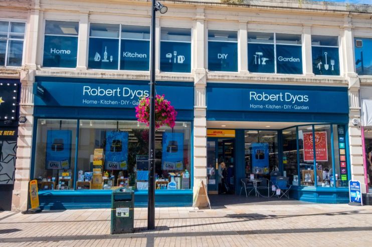 Robert Dyas storefront showcasing home improvement tools and garden supplies in a vibrant retail display