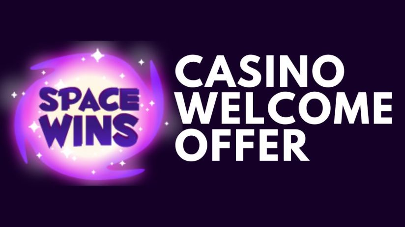 Space Wins Casino welcome offer highlighted with vibrant graphics and promotional details for new players on a starry back...