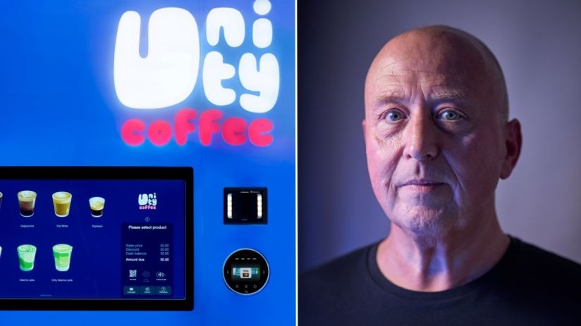 Unity Coffee team celebrating a successful product launch with diverse team members holding coffee cups in a modern caf&eacute; ...