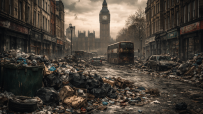 AI-generated depiction of a fragmented London cityscape, highlighting urban disarray and futuristic architectural elements