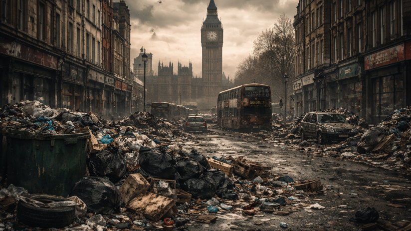 AI-generated depiction of a fragmented London cityscape, highlighting urban disarray and futuristic architectural elements