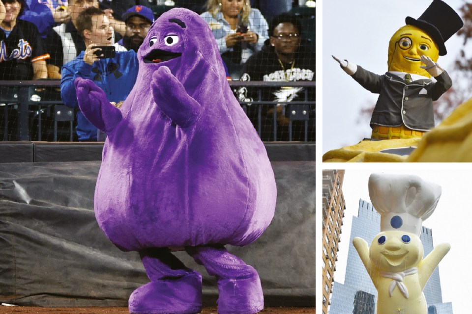 Corporate mascots standing together in a business meeting room, showcasing diverse brand personalities and colorful costumes