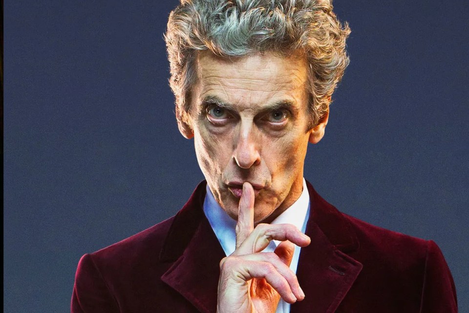 Peter Capaldi as Doctor Who in iconic attire, embodying the Time Lords enigmatic presence with a TARDIS backdrop.