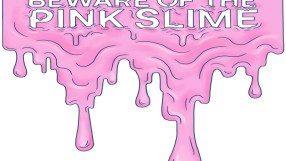 Person performing a squat exercise in a fitness studio surrounded by pink slime decorations.