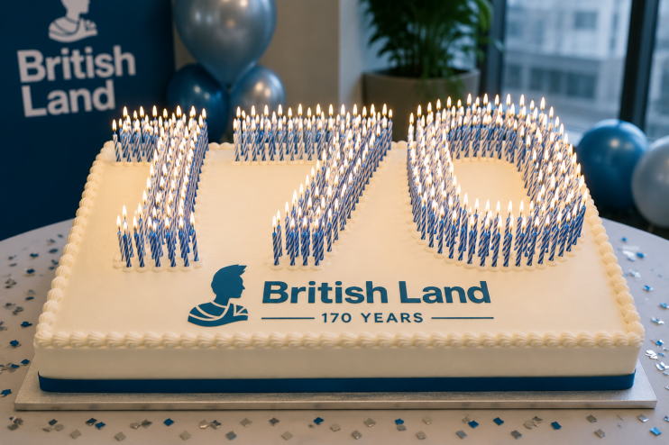 AI-themed birthday cake celebrating British land, featuring intricate design and technology motifs, on a news business pla...