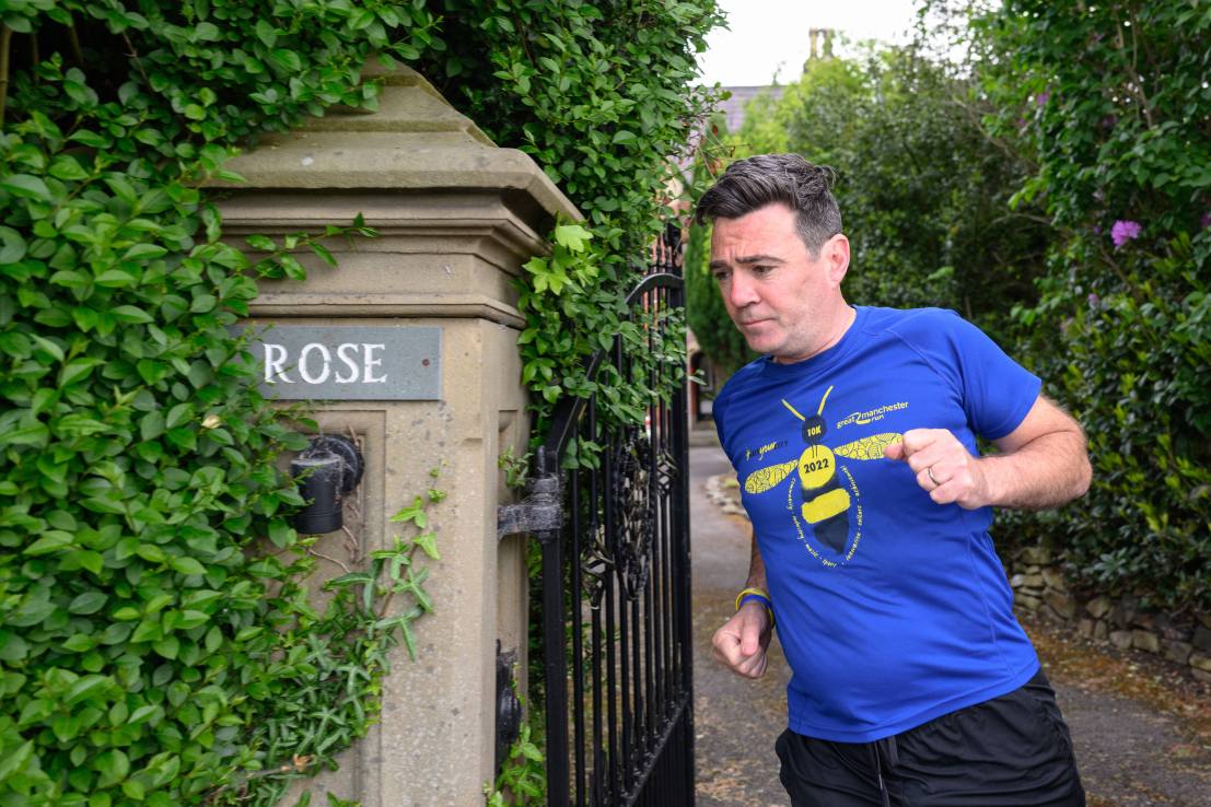 WARRINGTON, ENGLAND - MAY 16: Andy Burnham goes for his morning run on May 16, 2026 in Warrington, United Kingdom. On Thursday, Josh Simons announced he would step down as Labour MP for Makerfield, allowing Greater Manchester Mayor Andy Burnham to run in the resulting by-election that will take place. Burnham confirmed he intends to stand in the contest which would offer him a route to return to parliament where he could potentially challenge Prime Minister Keir Starmer's leadership. (Photo by Gary Oakley/Getty Images)