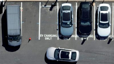 Electric vehicle charging station with multiple charging ports and cars plugged in, promoting sustainable transportation s...