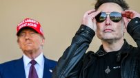 Elon Musk discussing SpaceX innovations with former President Trump against a backdrop of rocket launch imagery