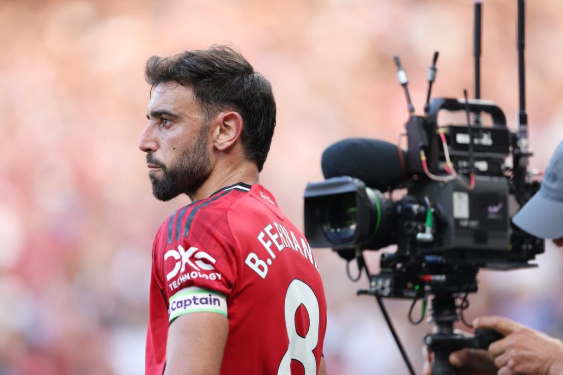 MANCHESTER, ENGLAND - AUGUST 17: Bruno Fernandes of Manchester United is filmed by a broadcast camera during the Premier League match between Manchester United and Arsenal at Old Trafford on August 17, 2025 in Manchester, England. (Photo by Michael Regan/Getty Images)