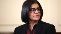Shabana Mahmood discussing net migration trends, highlighting recent decrease in figures at a press conference.