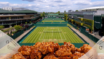 Wimbledon-inspired dish featuring fried chicken paired with fresh strawberries on a plate, blending savory and sweet flavors.