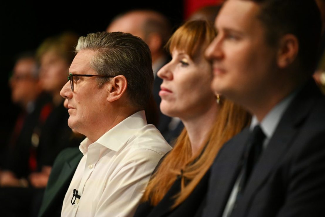 PURFLEET, UNITED KINGDOM - MAY 16:  (L-R) Labour leader Sir Keir Starmer, Deputy leader, Angela Rayner, and Shadow Health Secretary, Wes Streeting, attend an event to launch Labour's election pledges at The Backstage Centre on May 16, 2024 in Purfleet, United Kingdom. Labour Leader Keir Starmer pledges to deliver economic stability, cut NHS waiting times, launch a new Border Security Command, set up Great British Energy and recruit 6,500 new teachers if Labour win the next General Election. (Photo by Leon Neal/Getty Images)