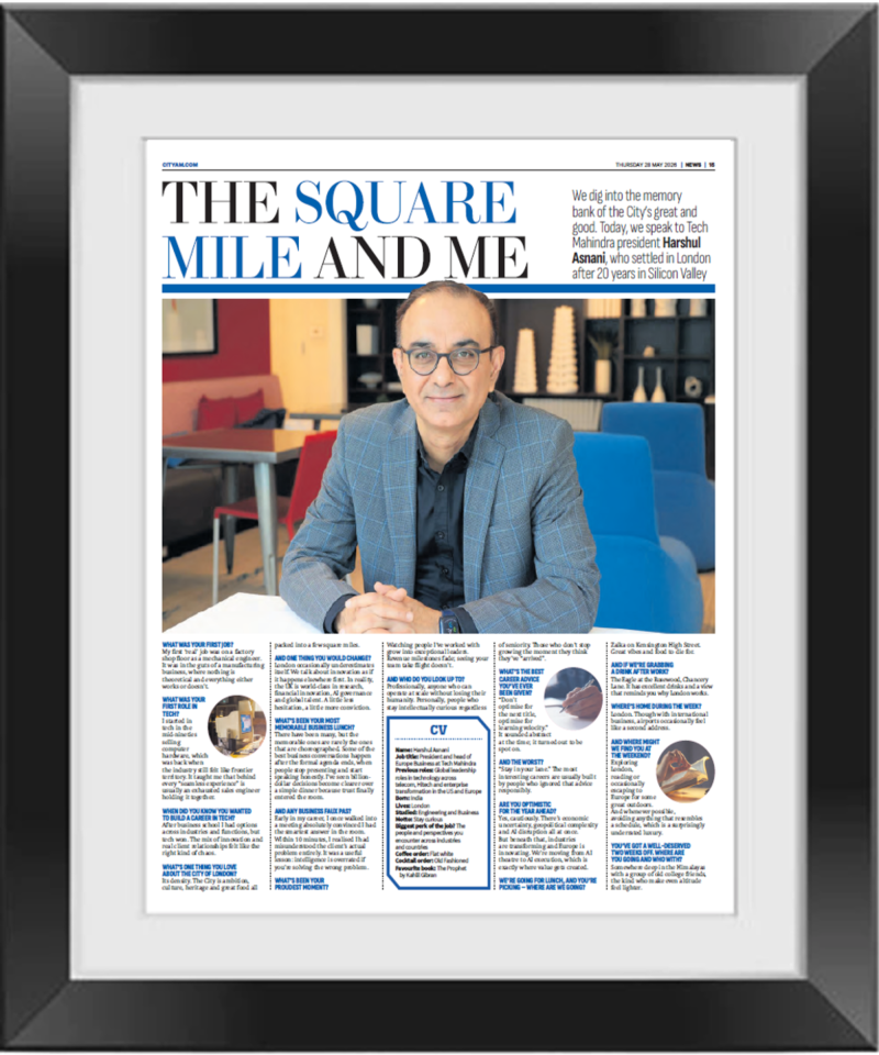 Black frame design with CityAM branding on a business website, emphasizing simplicity and modernity.