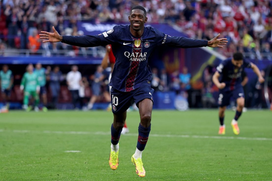BUDAPEST, HUNGARY - MAY 30: Ousmane Dembele of PAris celebrates after scoring his teams first goal during the UEFA Champions League Final 2026 match between Paris Saint-Germain and Arsenal FC at Puskas Arena on May 30, 2026 in Budapest, Hungary. (Photo by Lars Baron/Getty Images)