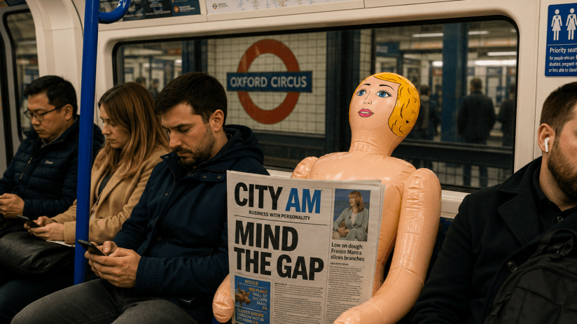 Abandoned doll on London Tube seat holding City AM newspaper, capturing urban life and public transport atmosphere