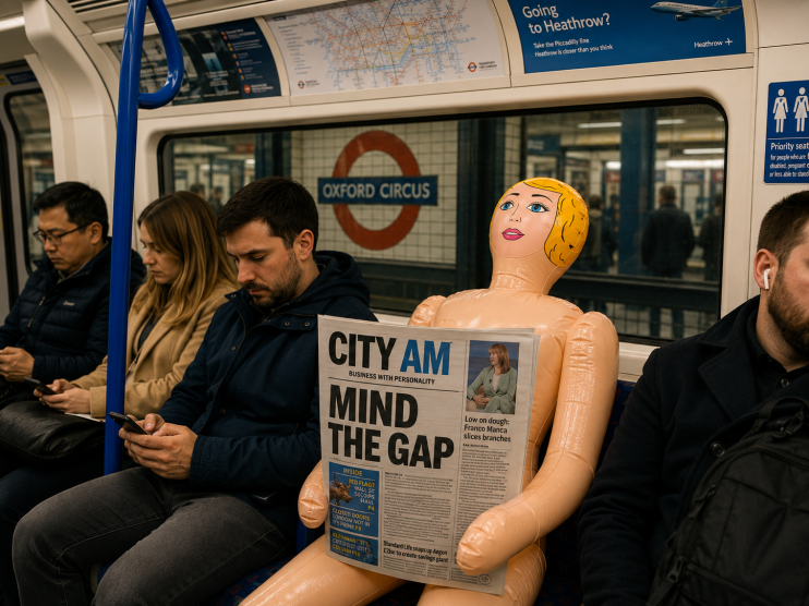 Abandoned doll on London Tube seat holding City AM newspaper, capturing urban life and public transport atmosphere