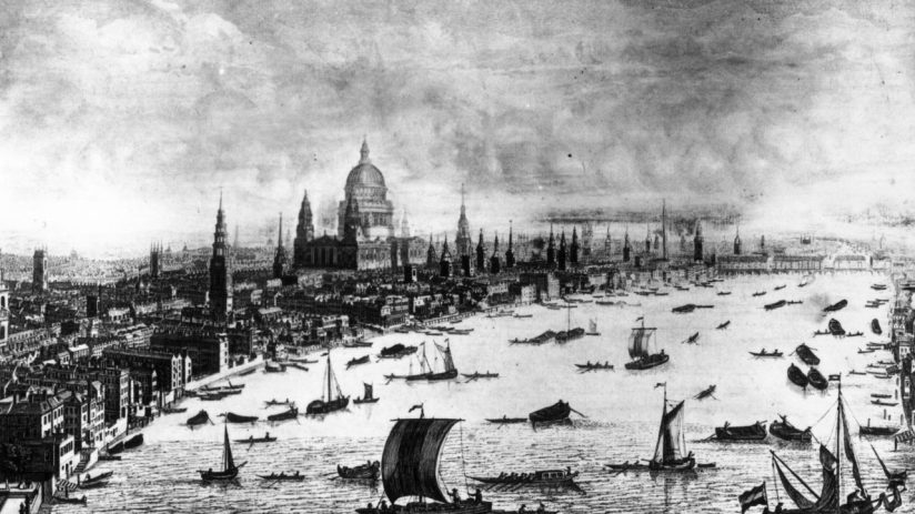 Historic illustration of 1754 City of London skyline with St. Pauls Cathedral and surrounding architecture, showcasing 18t...
