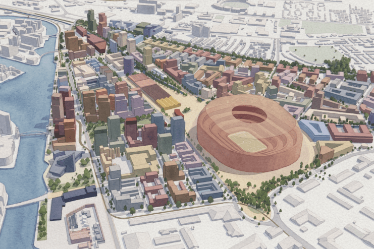 Architectural model of a city development featuring a large stadium, buildings, and waterways by Allies and Morrison