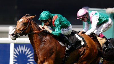 Jockey in a green racing silks riding a brown horse during a horse race, with another jockey in pink behind