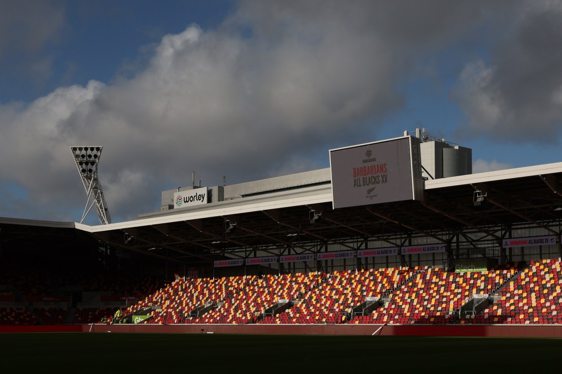 BRENTFORD, ENGLAND - NOVEMBER 01: A General view of the GTech stadium prior to the Barbarians v All Blacks XV match at Gtech Community Stadium on November 01, 2025 in Brentford, England. (Photo by Steve Bardens/Getty Images for Barbarians)