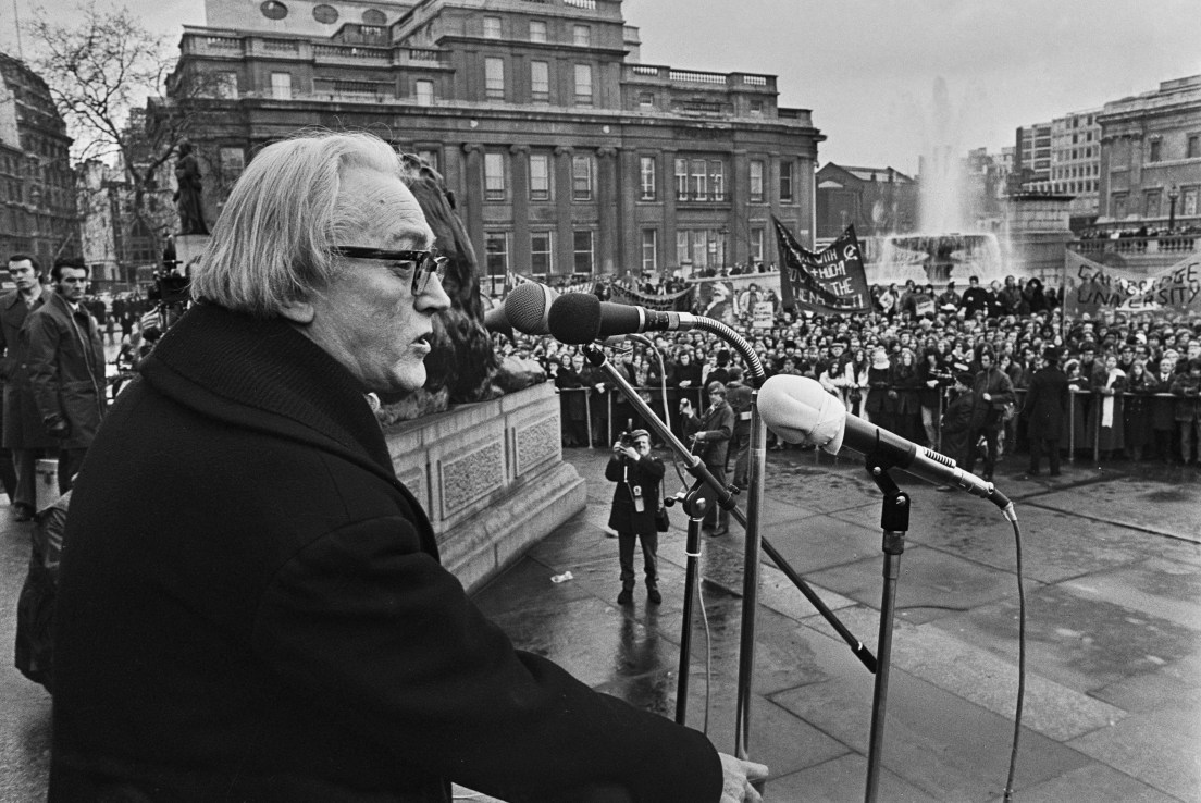 British Labour Party politician Michael Foot (1913 - 2010) addressing demonstrators in Trafalgar Square, London, January 17th 1971. The rally was a protest against the Home Office's decision to expel West German student leader Rudi Dutschke. (Photo by Ian Showell/Keystone/Hulton Archive/Getty Images)